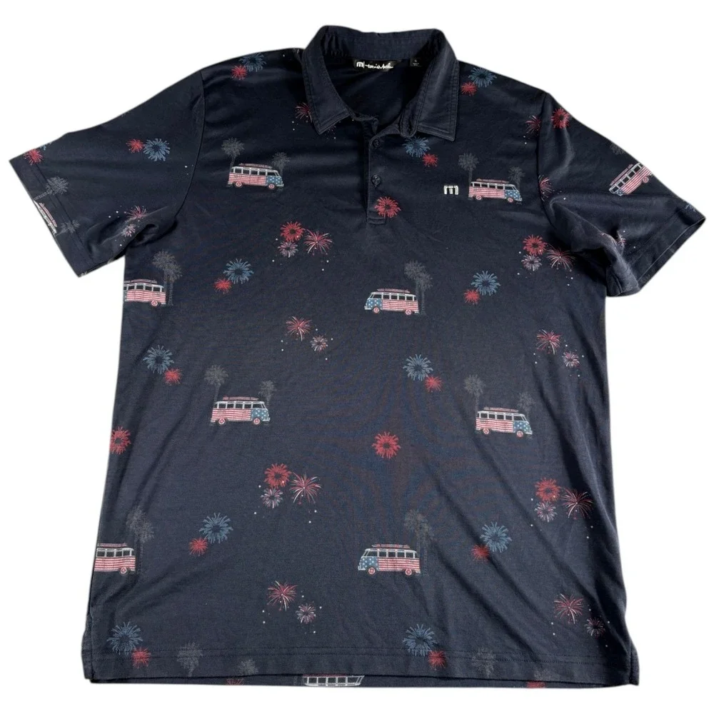 Travis Mathew Polo Shirt Mens XL Navy Blue USA Fireworks Camper Volkswagen Bus